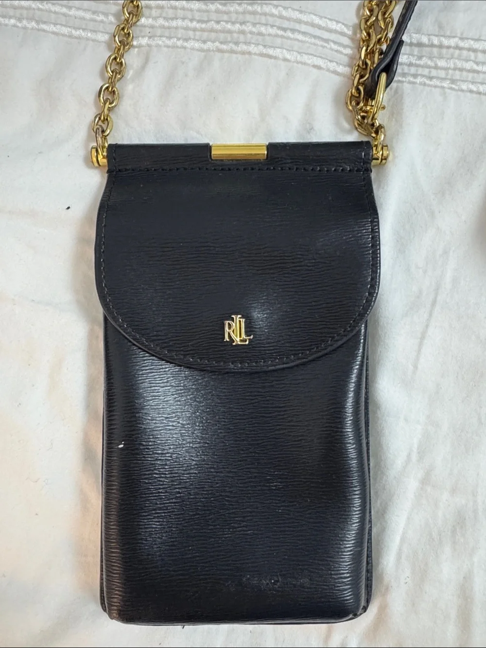 Ralph Lauren Black Leather Crossbody with Gold Chain Trim